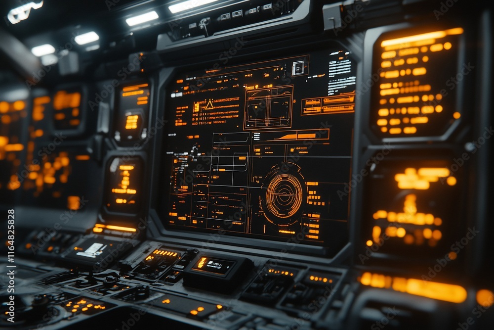 Naklejka premium Futuristic spaceship control panel with glowing orange interface.