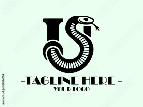 Black snake forms  inside black letter U, black snake slithering in shape of letter inside U. Suitable for reptilerelated graphics and creative typography designs