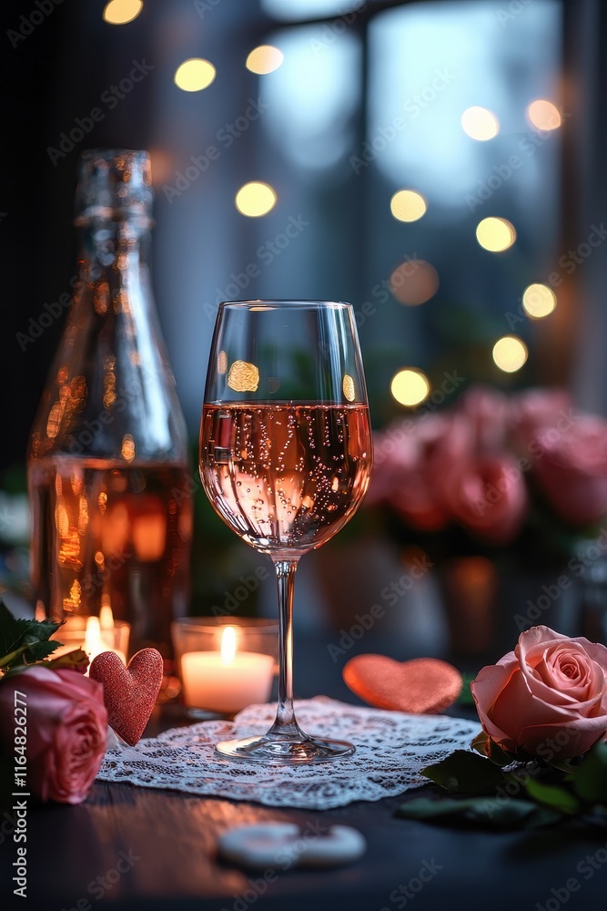 A charming Valentine’s Day celebration with a couple having a candlelit dinner, roses on the table, and hearts hanging as decorations. Include intricate lace designs on the napkins and soft A charming Valentine’s Day celebration with a couple having a candlelit dinner, roses on the table, and hearts hanging as decorations. Include intricate lace designs on the napkins and soft