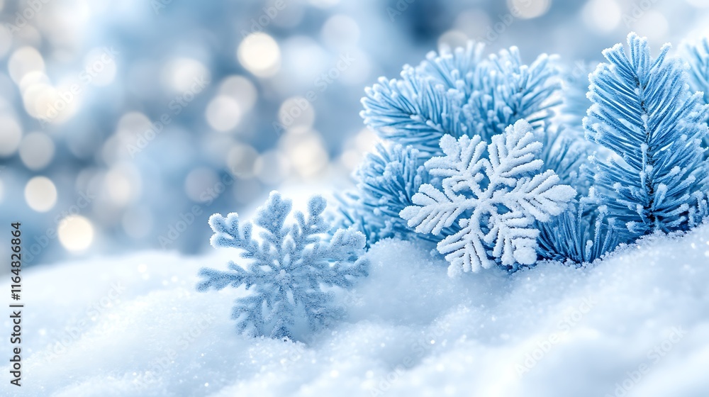 Frosty Snowflakes Resting on Winter Branches in Snow Frosty Snowflakes Resting on Winter Branches in Snow