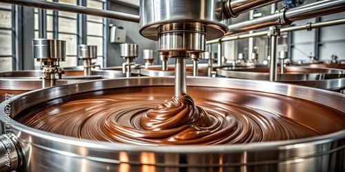 Close-up view of molten chocolate swirling in large industrial mixing vats during the confectionery manufacturing process