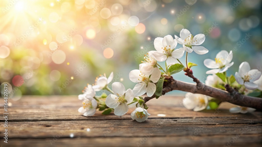 Delicate Spring Blossoms Resting on Rustic Wooden Surface Delicate Spring Blossoms Resting on Rustic Wooden Surface