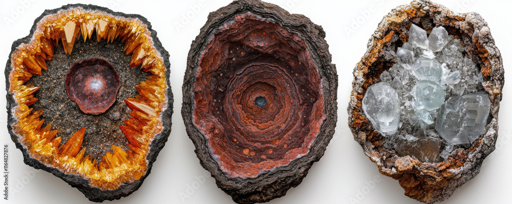 Three unique geodes showcasing vibrant crystals, layered patterns, and intricate formations Three unique geodes showcasing vibrant crystals, layered patterns, and intricate formations