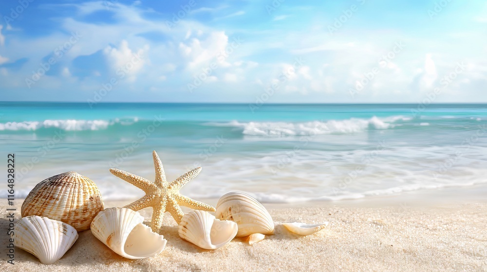 Serene beach scene with seashells and a starfish on golden sand. Serene beach scene with seashells and a starfish on golden sand.