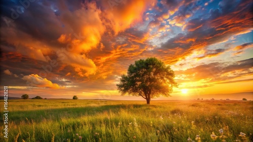 Wallpaper Mural Serene Sunset Landscape Solitary Tree in a Vibrant Field of Grass Under a Fiery Sky Torontodigital.ca