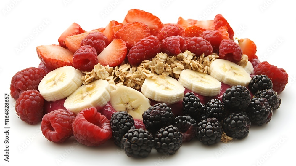 A colorful smoothie bowl topped with fresh berries, sliced bananas, and granola served on a plain white background 