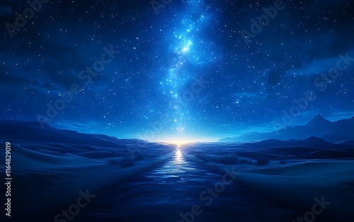 Starry night sky over serene desert landscape with a river leading to a bright celestial event. photo