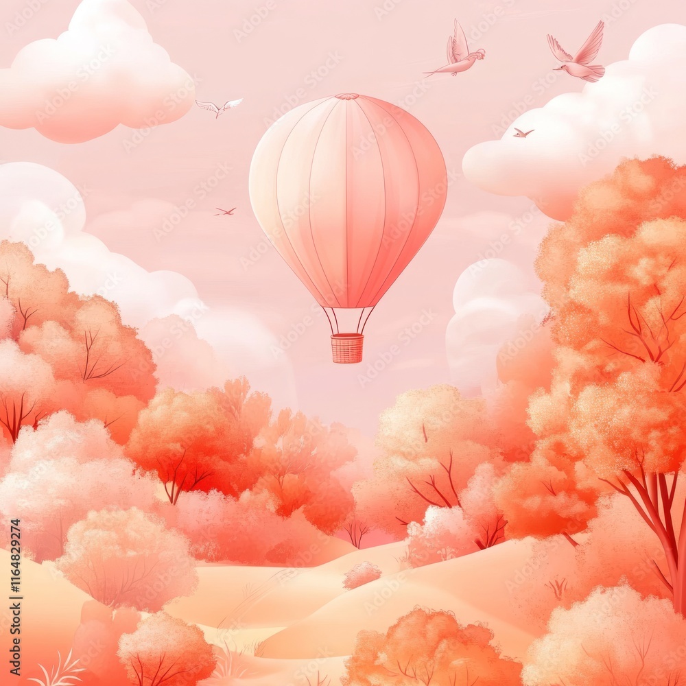 Fototapeta premium A serene landscape featuring a hot air balloon amidst soft clouds and vibrant foliage.