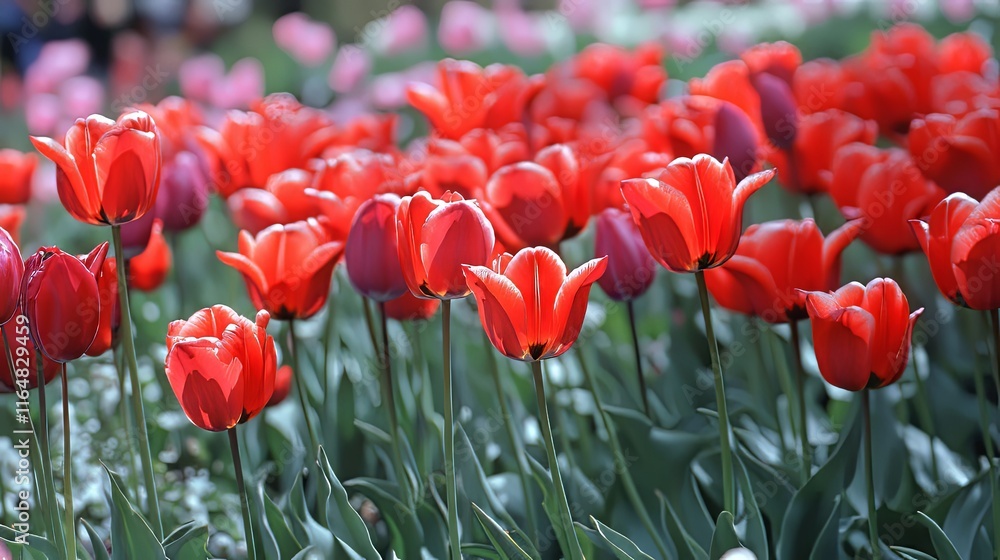 Fototapeta premium Vibrant red tulips blooming in a lush garden setting.