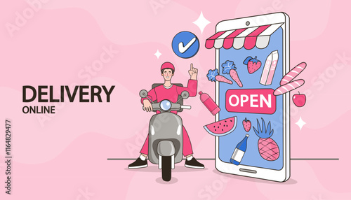 Courier on scooter delivering fresh food from smartphone screen with open shop sign. Concept of instant online ordering app, fast restaurant service, and digital supermarket variety convenience.