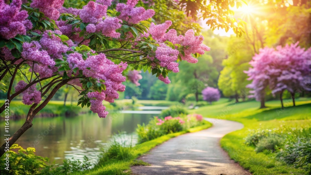 Serene Spring Pathway with Blooming Lilac Trees and Sunlit Waterscape Serene Spring Pathway with Blooming Lilac Trees and Sunlit Waterscape