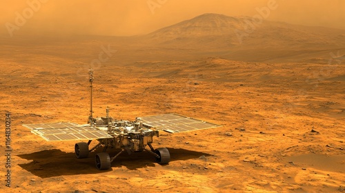 Mars rover exploring a dusty, mountainous landscape. photo