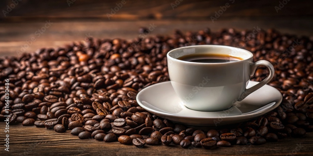 Aromatic Dark Roast Coffee in a White Cup Surrounded by Roasted Beans on a Wooden Surface Aromatic Dark Roast Coffee in a White Cup Surrounded by Roasted Beans on a Wooden Surface