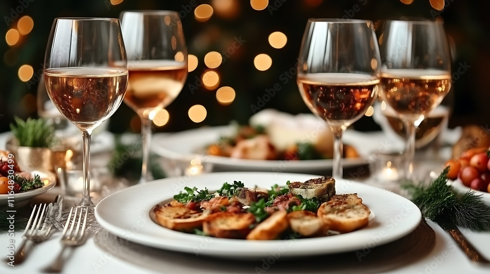 Festive Dinner Table Setting With Rose Wine and Appetizer Festive Dinner Table Setting With Rose Wine and Appetizer