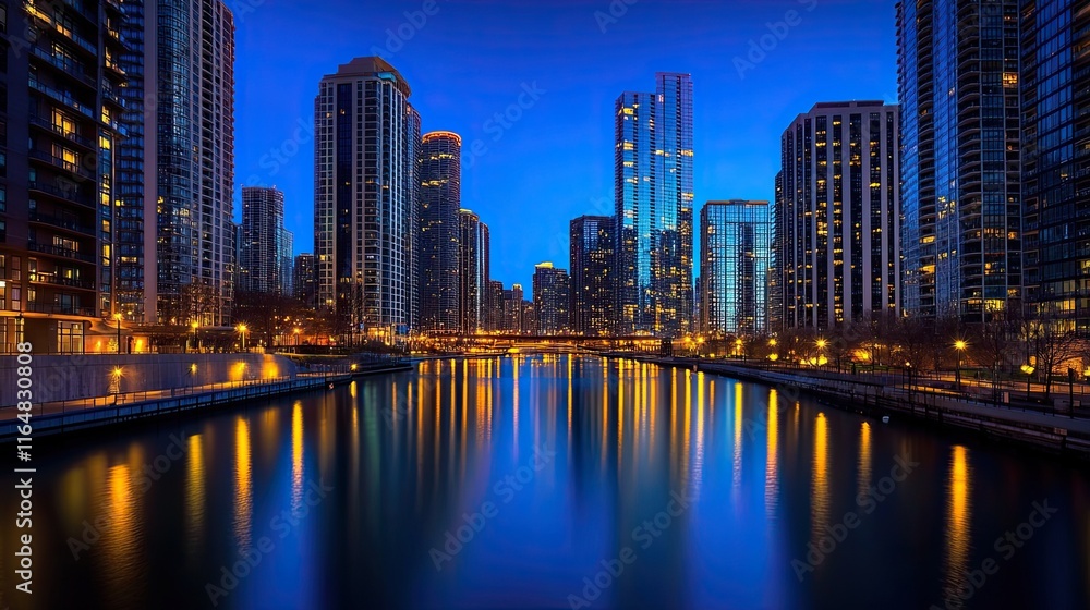 Naklejka premium Cityscape at twilight, reflecting in calm river water.