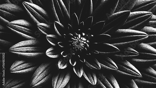 Dramatic black and white floral art background of close-up blooming flower in stippling style with detailed texture. Retro styled dotwork. Pointillism. Noisy grainy dot shading. Vector illustration