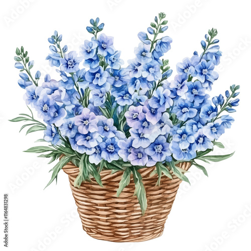 A watercolor vector of a delphinium bouquet in a basket, isolated on a white background. Delphinium vector.
