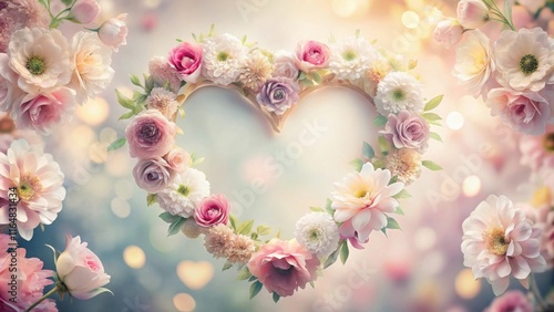 Heart-shaped floral arrangement of pastel roses, dahlias, and chrysanthemums, romantic and delicate, perfect for Valentine's Day or wedding invitations
