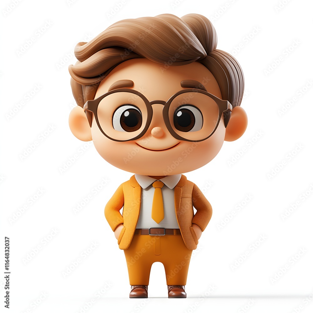 A charming 3D rendered cartoon boy in a stylish orange suit, looking happy. Adorable 3d character Marketing head A charming 3D rendered cartoon boy in a stylish orange suit, looking happy. Adorable 3d character Marketing head