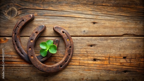 Rustic wooden background with two aged horseshoes and a vibrant green plant, symbolizing luck and good fortune photo