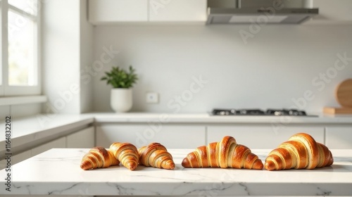 Golden-brown croissants arranged on a pristine kitchen countertop, bathed in soft sunlight, creating a delightful culinary scene photo