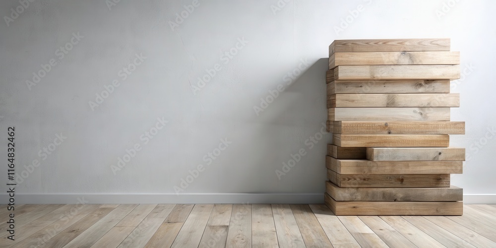 Stack of Unfinished Wood Planks Against a Light Wall in a Room with Light Wood Flooring Stack of Unfinished Wood Planks Against a Light Wall in a Room with Light Wood Flooring