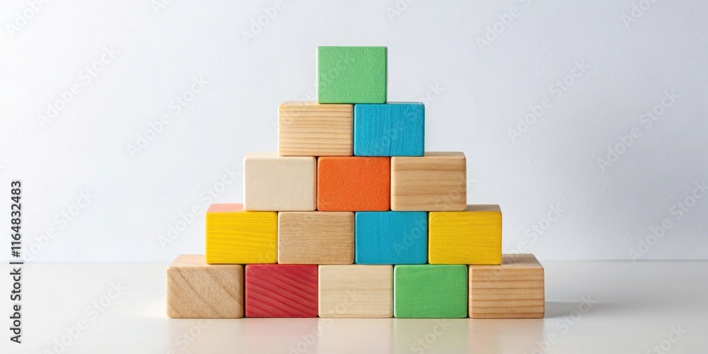 Colorful wooden blocks arranged in a pyramid shape on a white surface Colorful wooden blocks arranged in a pyramid shape on a white surface