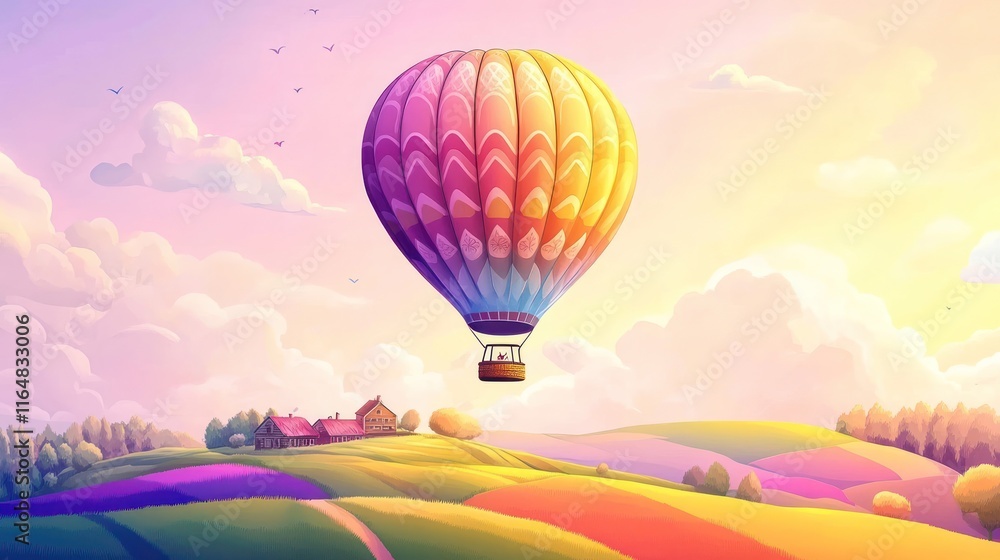 Fototapeta premium A colorful hot air balloon floats over vibrant hills and a quaint farmhouse at sunset.