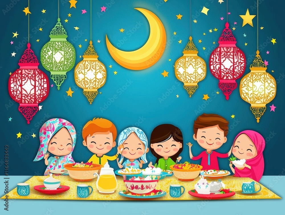 A serene Ramadan evening with a family gathered around a table breaking their fast, a glowing crescent moon in the sky, and lanterns casting soft light. Add intricate patterns on the plates A serene Ramadan evening with a family gathered around a table breaking their fast, a glowing crescent moon in the sky, and lanterns casting soft light. Add intricate patterns on the plates
