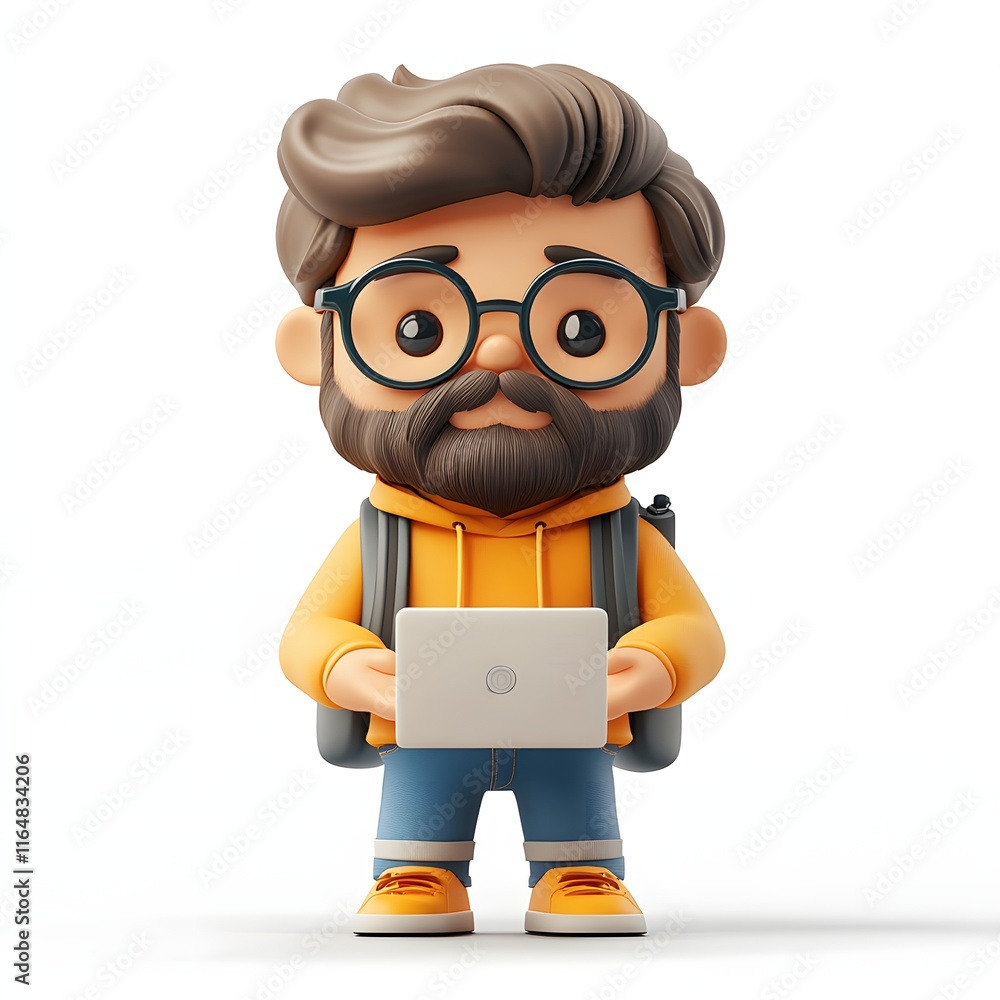 A charming 3D rendered illustration of a bearded man with glasses holding a laptop. He's dressed casually and carries a backpack. Adorable 3d character Web UI developer A charming 3D rendered illustration of a bearded man with glasses holding a laptop. He's dressed casually and carries a backpack. Adorable 3d character Web UI developer