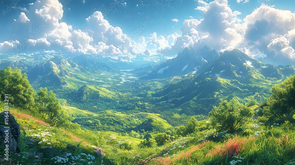 Fototapeta premium Lush green valley with majestic mountains under a vibrant blue sky.