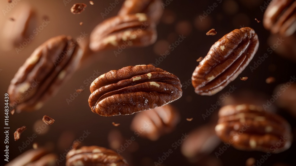 a collection of pecan nuts with crispy chocolate, floating in the air, uhd image, free-associative, back button focus, functionality emphasis, portraits with soft lighting a collection of pecan nuts with crispy chocolate, floating in the air, uhd image, free-associative, back button focus, functionality emphasis, portraits with soft lighting