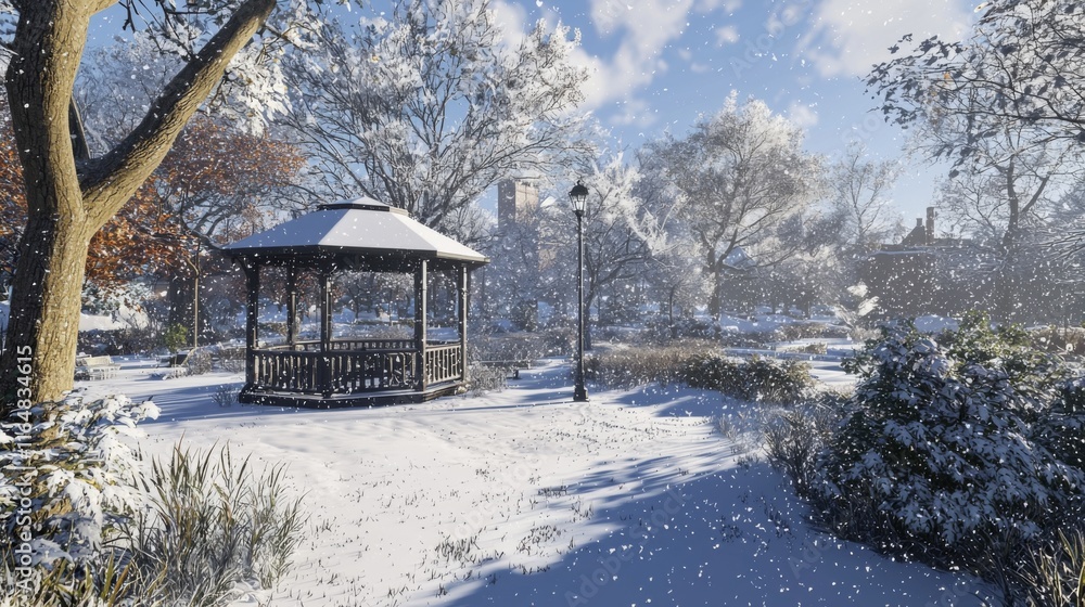 Serene Winter Park Gazebo Snowfall Trees Landscape Serene Winter Park Gazebo Snowfall Trees Landscape
