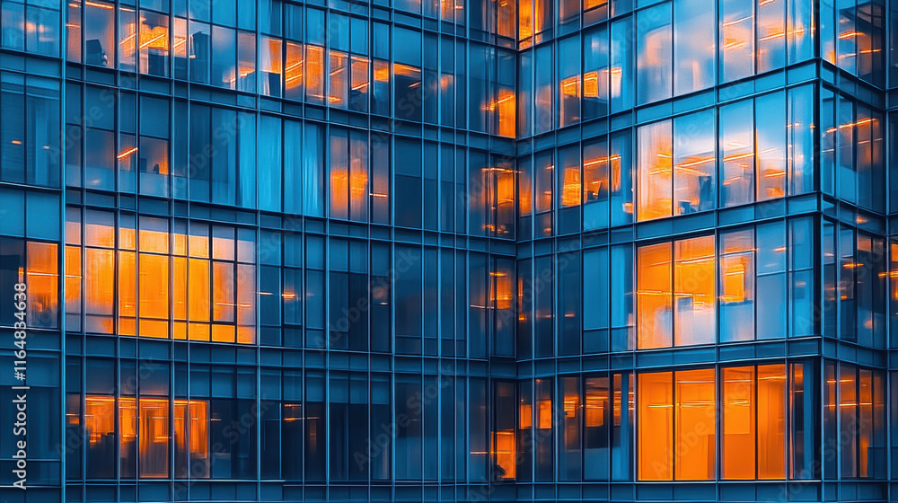 A modern building with glass windows reflecting the sunset, representing contemporary architecture and a corporate environment A modern building with glass windows reflecting the sunset, representing contemporary architecture and a corporate environment