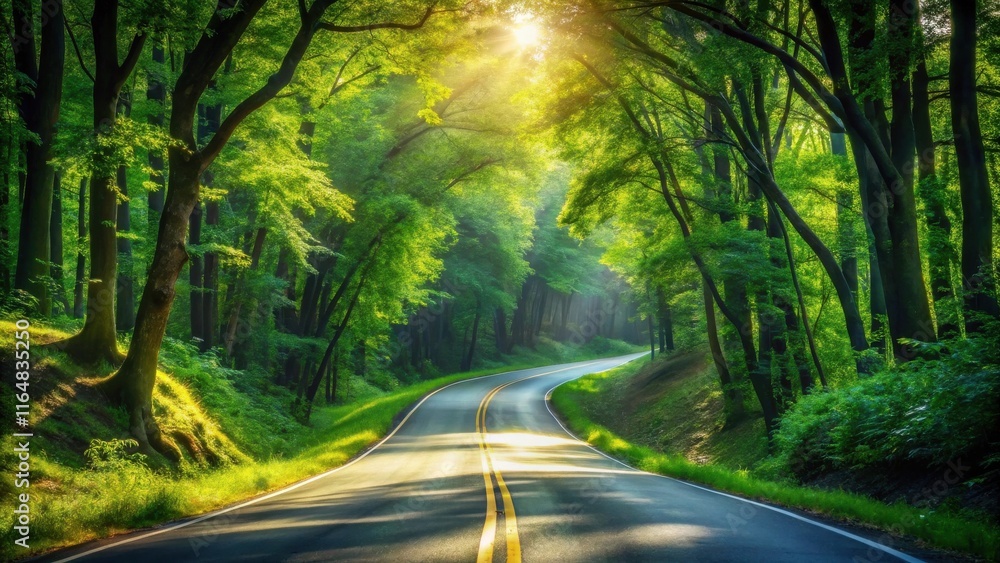 Fototapeta premium Sunlit Winding Road Through Lush Green Forest Canopy