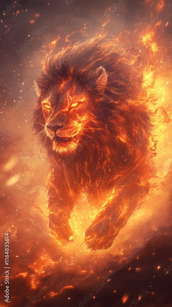 Naklejka premium a lion with molten ember, blazing and magma theme. Its fur is made of black magma, with glowing cracks and embers throughout and phoenix-like fur, giving the impression of a living, fiery creature. 