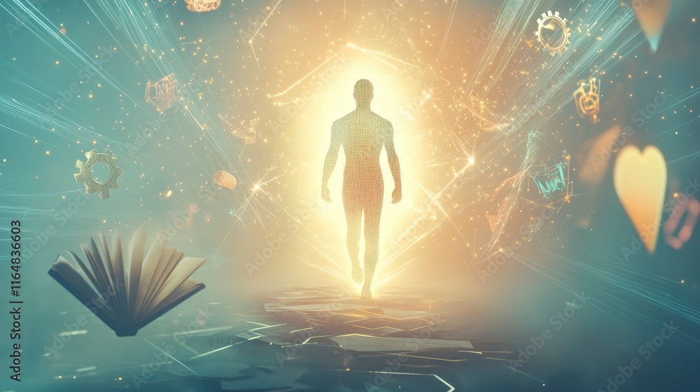 A glowing, translucent human figure, composed of light particles, is stepping forward from a geometric portal surrounded. A glowing, translucent human figure, composed of light particles, is stepping forward from a geometric portal surrounded.