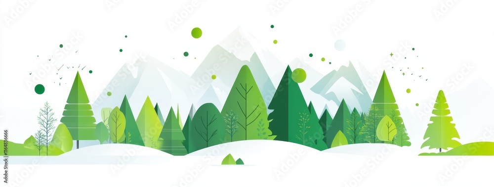 Obraz premium Green forest landscape with snowy mountains.