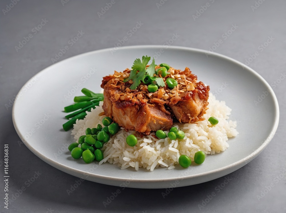 A single serving of Lechona placed on a sleek white plate. A single serving of Lechona placed on a sleek white plate.