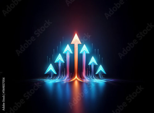 Glowing neon arrows ascend, symbolizing growth, progress, and upward trajectory.  The vibrant hues represent energy and positive momentum. photo