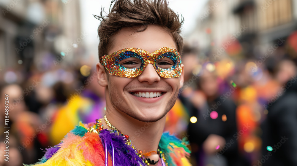 A cheerful man in a glittery mask and colorful feathers, celebrating Mardi Gras with a festive crowd. A cheerful man in a glittery mask and colorful feathers, celebrating Mardi Gras with a festive crowd.