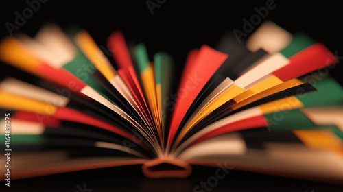 Open book with colorful pages representing Black History Month themes and cultural celebration.