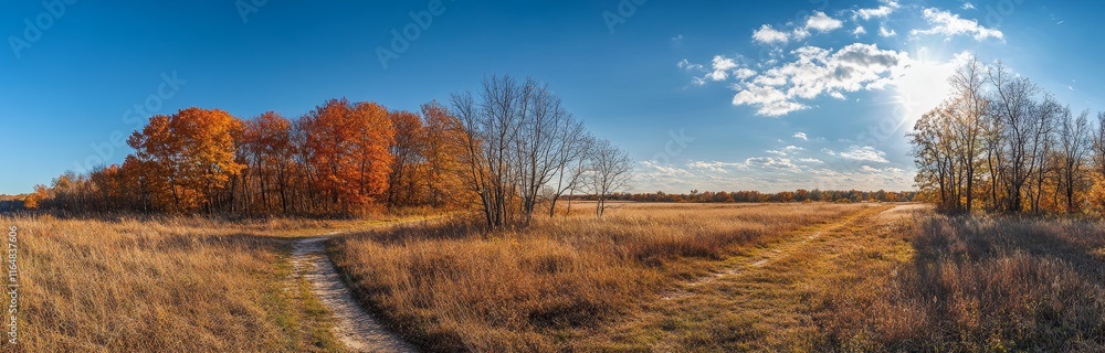 Autumnal landscape panorama with dirt road, golden fields, and colorful trees under a bright blue sky. Autumnal landscape panorama with dirt road, golden fields, and colorful trees under a bright blue sky.