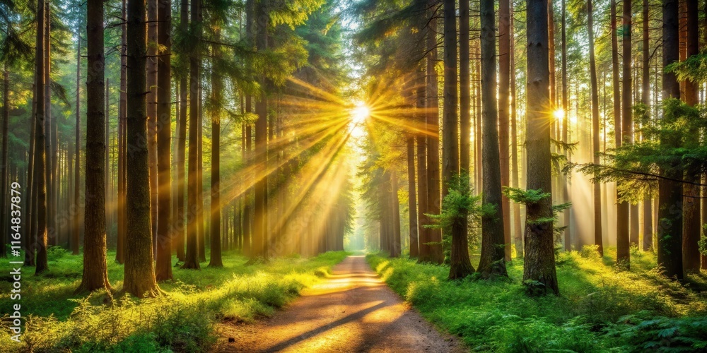 Obraz premium Golden sun rays illuminate a tranquil forest path