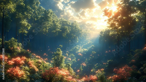 A vibrant forest bathed in golden sunlight with colorful flora.