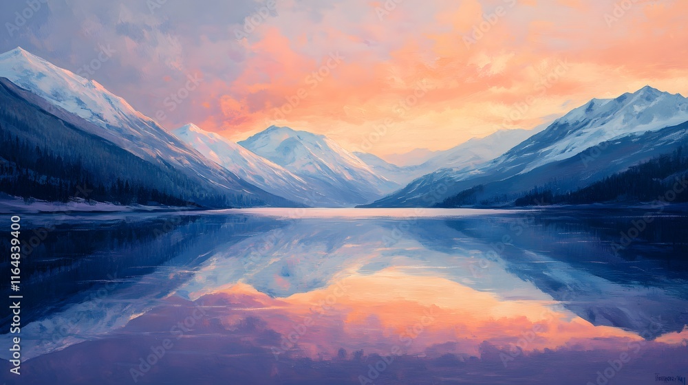 Obraz premium Serene Sunset Over Snowy Mountain Lake Reflection
