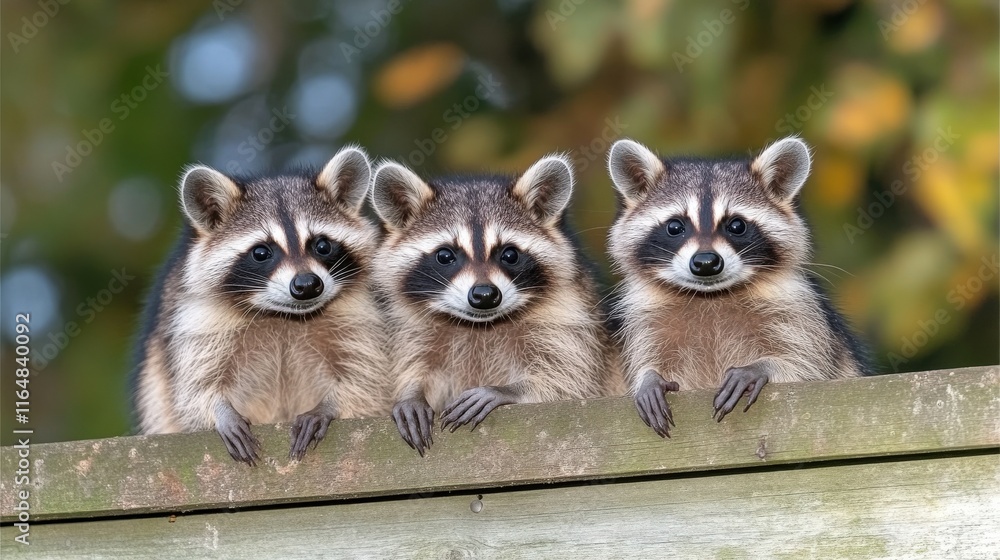 Fototapeta premium Three adorable raccoons peering over a wooden fence, showcasing their curious and playful nature in a natural autumnal setting.