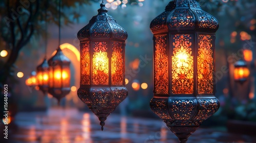 Ornate lanterns illuminating ramadan nights with warm, glowing light photo