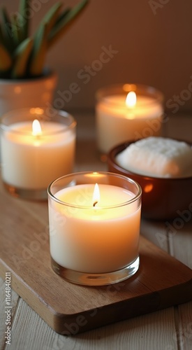 Wallpaper Mural Candles are lit on a wooden tray with a potted plant Torontodigital.ca