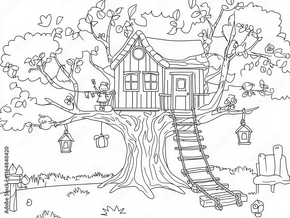 Obraz premium A whimsical treehouse village coloring book design with rope bridges, tiny lanterns hanging from branches, and children playing in the treetops. Add detailed bark textures on the trees and intricate 